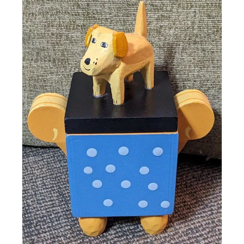 Vtg Wood Trinket Box Yellow Dog Figural Whimsical Hand Painted Susan Ryan 6